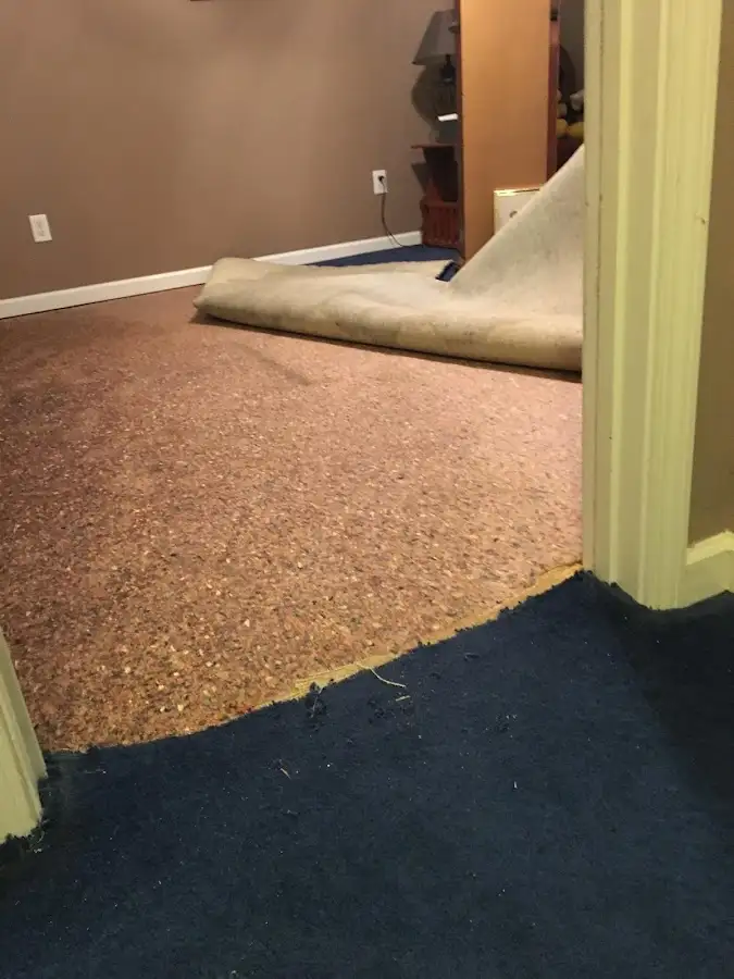 Carpet pad removal revealing water damage during Drying & Dehumidification in South Monrovia Island