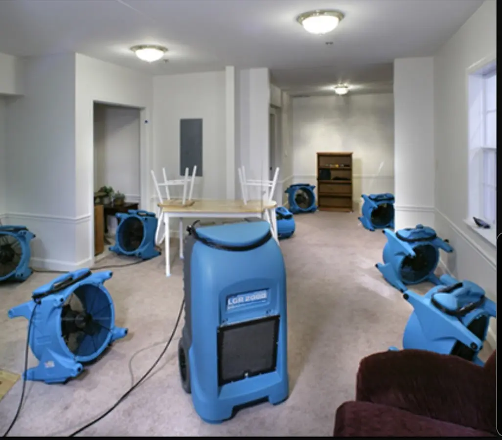 Air movers and dehumidifier setup for Water Damage Restoration in South Monrovia Island